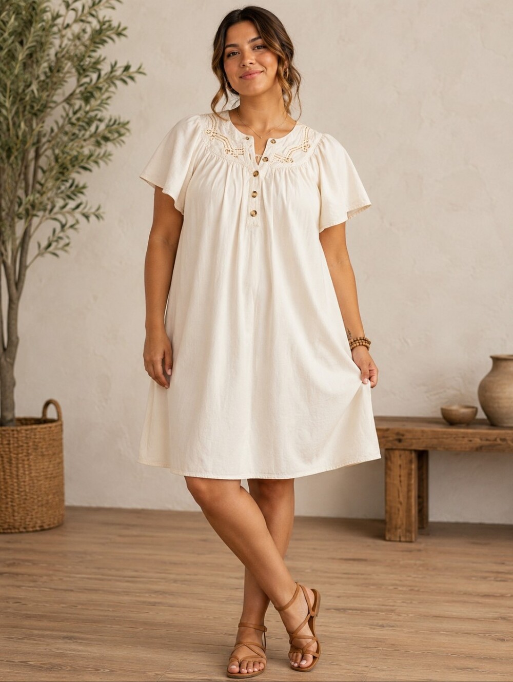 Sonoma Cream Embroidered Button-Front Dress Linen Blend Flutter Short Sleeves L